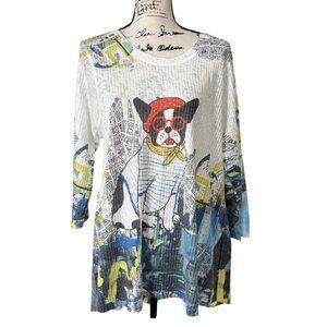Inoah Artistic Dog Print Urban Abstract Tunic Top 3/4 Sleeve Womens Size L